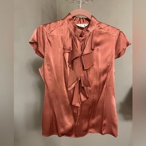 100% Silk Short Sleeve Ruffle Front Hidden Button Down Blouse
